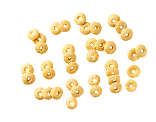 Whole grain cereal rings isolated on white background top view.