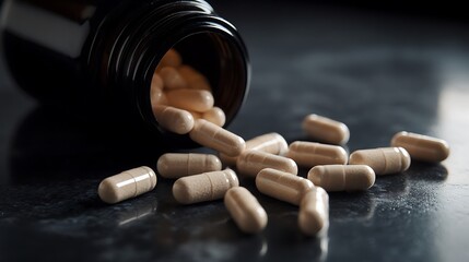 Macro shot of capsules and tablets spilling out of an open bottle on a smooth surface.