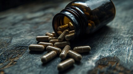 Macro shot of capsules and tablets spilling out of an open bottle on a smooth surface.