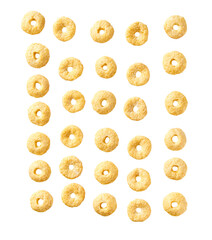 Whole grain cereal rings isolated on white background top view.