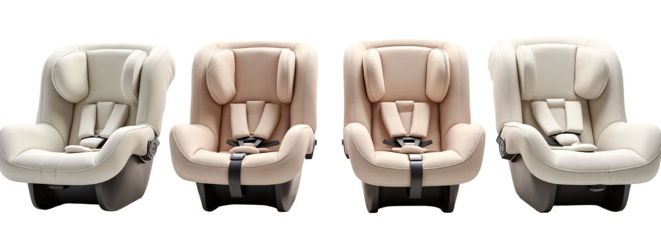 A set of four beige baby car seats