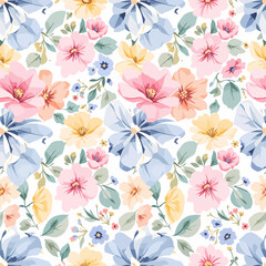 Seamless floral pattern, watercolor background pattern colorful flowers on white background
