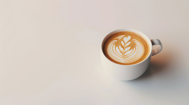 Minimalist latte art coffee in white cup on light background