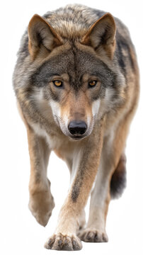 Lone Wolf's Focused Stance: A striking wolf, caught mid-stride in a dynamic pose, captivates with its piercing gaze and commanding presence.