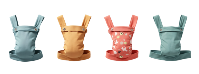 A row of four baby carriers in different colors.