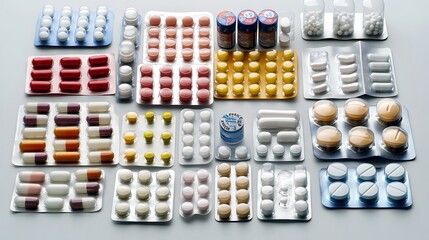 Assorted pain relievers, antibiotics, and multivitamins grouped together against a light background.