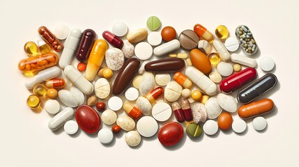Assorted pain relievers, antibiotics, and multivitamins grouped together against a light background.