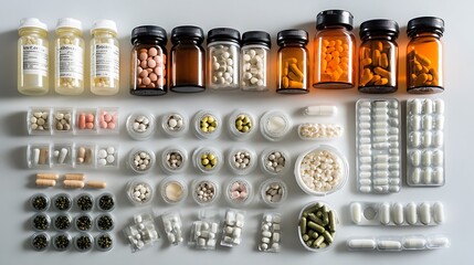 Assorted pain relievers, antibiotics, and multivitamins grouped together against a light background.