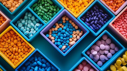 Assorted pain relievers, antibiotics, and multivitamins grouped together against a light background.