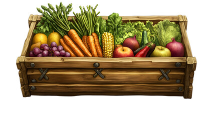 A wooden crate filled with a variety of fruits and vegetables. The crate is overflowing with produce, including apples, oranges, carrots, and corn. Concept of abundance and freshness