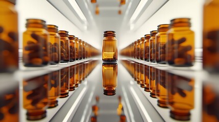 Rows of pill bottles and capsules on a reflective surface, emphasizing organization and health care.
