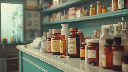 Rows of pill bottles and capsules on a reflective surface, emphasizing organization and health care.