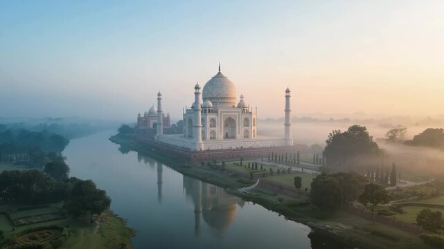 Fast-paced drone video circling the Taj Mahal clockwise, revealing the river and surrounding gardens with cinematic energy. Perfect for travel, architecture, and cultural heritage projects.