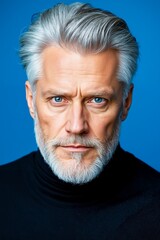 Obraz premium A man with grey hair and a white beard wearing a black turtle neck sweater