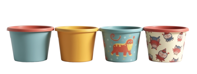 A set of four colorful flower pots with different designs on them.