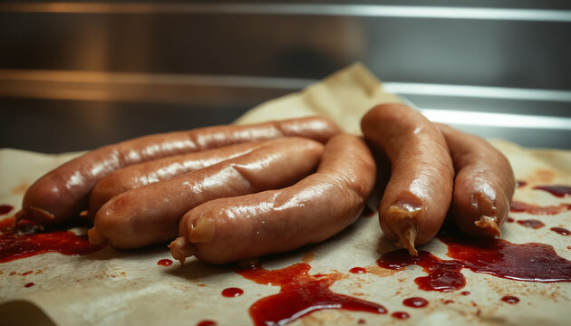 Raw sausages placed on parchment paper with bloodstains   - Powered by Adobe