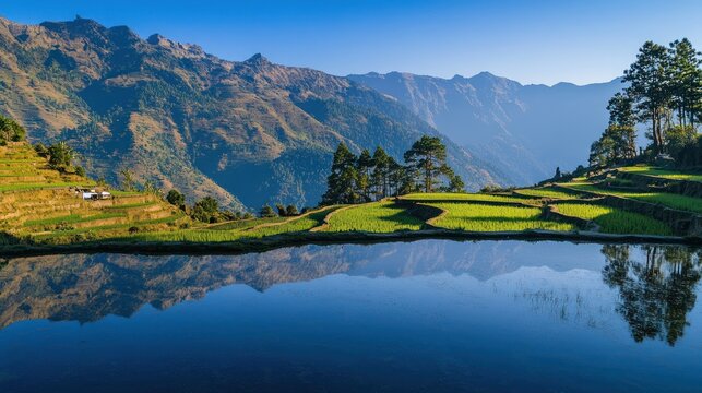 Serene Mountain Vista: Capture the essence of tranquility, where the mirror-like waters of a lake reflect a panoramic view of lush green fields and majestic mountains under a clear blue sky. - Powered by Adobe