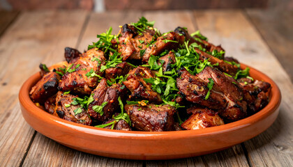 Traditional cuisine featuring grilled meat served on local plate garnished with fresh herbs food meat grill bar-b-q skewer