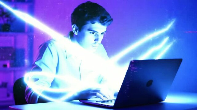A man works at night as glowing glitchy neon lines burst from his laptop, wrapping around him while the camera pans sideways. Perfect for cyber, coding, or digital overload concepts.