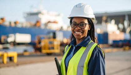 African American woman wearing hardhat working in harbor as industrial worker or engineer
