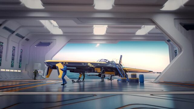 Futuristic spaceship in a sci-fi hangar with astronaut and distant planet view.