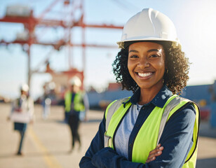 Obraz na płótnie Canvas African American woman wearing hardhat working in harbor as industrial worker or engineer