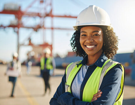 African American woman wearing hardhat working in harbor as industrial worker or engineer