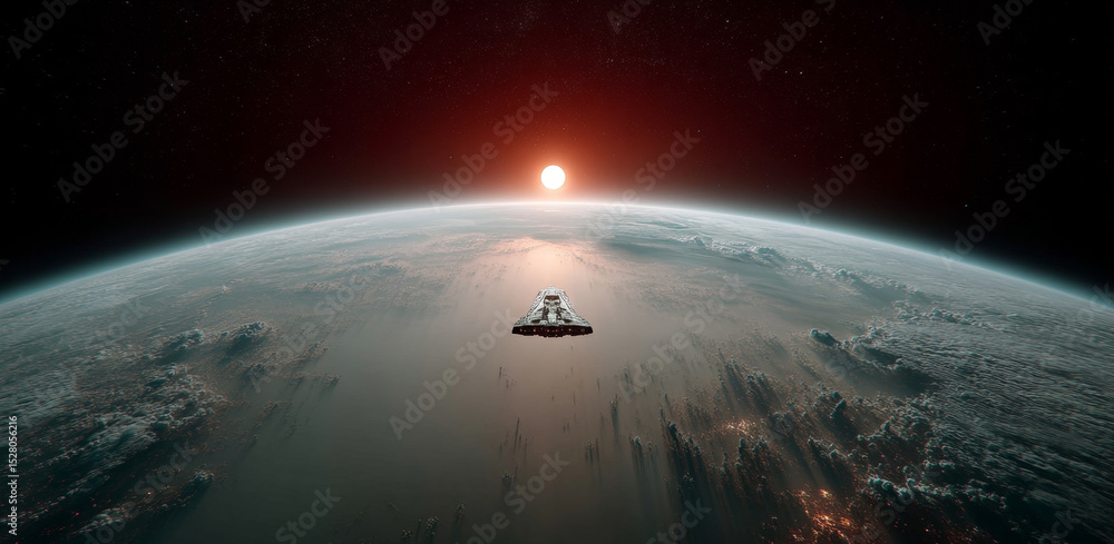 Poster A robot embarks on an expedition to explore a distant planet as the sun rises on the horizon. The vast landscape below features clouds and oceans, symbolizing the quest for discovery in space.