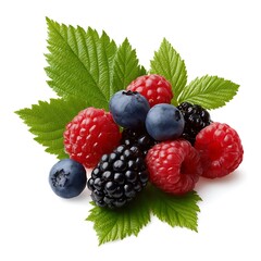 Fresh raspberries blueberries blackberries leaf isolated on white background