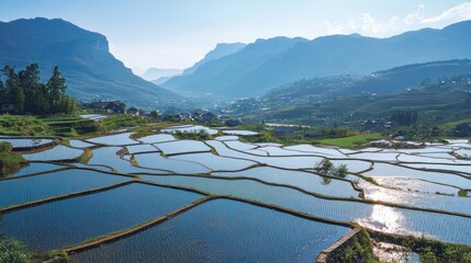 Terraced Fields: A breathtaking aerial perspective captures the mesmerizing beauty of terraced fields nestled within a valley. The serene, tranquil waters reflect the clear sky.