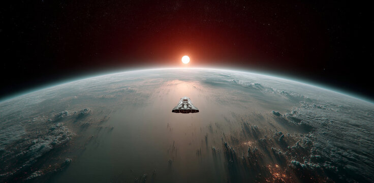 A robot embarks on an expedition to explore a distant planet as the sun rises on the horizon. The vast landscape below features clouds and oceans, symbolizing the quest for discovery in space.