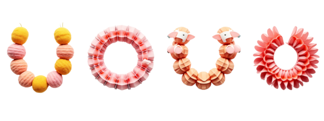 A group of three different colored paper wreaths