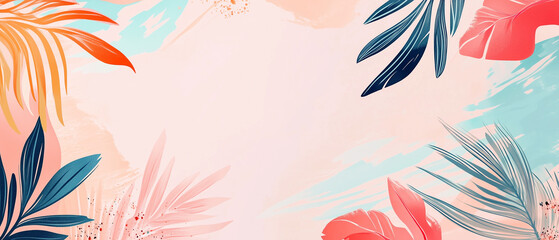 Soft pastel tropical frame background featuring artistic watercolor-style palm and monstera leaves, ideal for invitations, greeting cards, event banners, wedding announcements, seasonal promotions