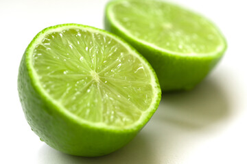 Vibrant green lime halves arranged on a clean white surface. The juicy texture and vivid color...