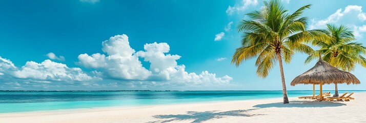 Summer tropical landscape with green palm trees and Straw umbrellas with empty copy space