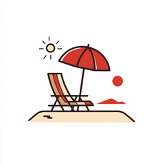 A minimalist red and black line art icon depicts a beach umbrella and a lounge chair on sand, suggesting relaxation.
