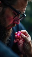 Close-up shot of a jeweler meticulously examining a vibrant gemstone under bright, natural light The scene emphasizes the detail and precision of gemstone assessment , yellow, craftsmanship