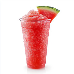 Fresh icy watermelon slush drink in clear cup garnished with juicy watermelon slice, isolated on white, perfect for summer promotions, menus, cold beverage advertising