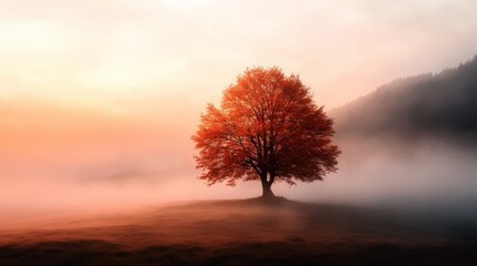 A solitary tree stands in a misty landscape, beautifully illuminated by the warm tones of sunset, symbolizing solitude, beauty, and the environment's tranquility.