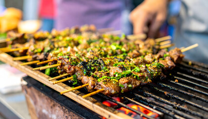 Traditional cuisine grilled meat skewers with local herbs cooked over open flame street food food meat grill bar-b-q skewer