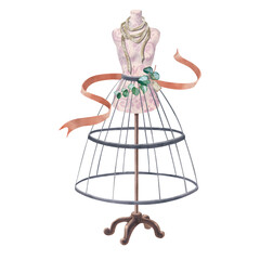 Vintage dressmaker mannequin with eucalyptus branch and red ribbon. Watercolor illustration of female dummy or hoopskirt. For sewing blogs, master classes, for designing sewing products, haberdashery.
