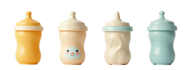 A set of three baby bottles with different designs on them.