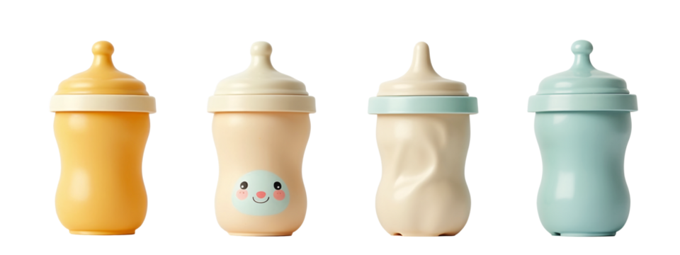 A set of three baby bottles with different designs on them.