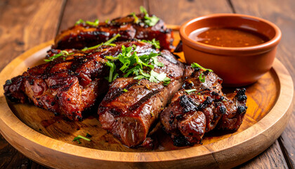 Traditional cuisine grilled meat served with local sauce on wooden plate garnished with herbs food meat grill bar-b-q skewer