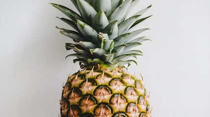 A professional studio-shot photograph of a whole pineapple with its spiky green leaves, isolated on 