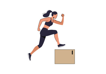 A dynamic illustration of a woman leaping over a box, embodying fitness and determination. Modern, minimalist style with a focus on movement and strength. Ideal for health and wellness campaigns.