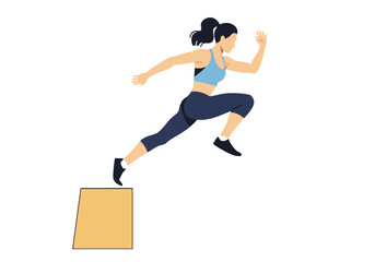 A dynamic illustration of a woman jumping over a box, showcasing fitness and energy. Bold colors and a modern style create a visually appealing workout image.