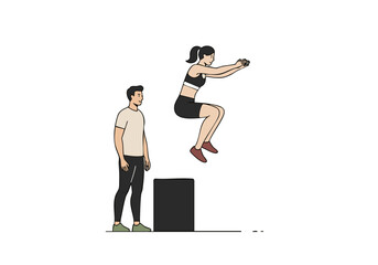 dynamic illustration depicts a woman performing a trainer jump with a man observing Clean lines and minimalist style create a modern energetic visual Suitable for fitness and wellness campaigns