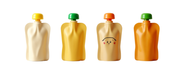 A set of four different colored plastic water bottles with a smiley face drawn on them.