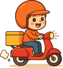 Cheerful delivery person rides scooter, wearing orange helmet and uniform, with delivery box attached